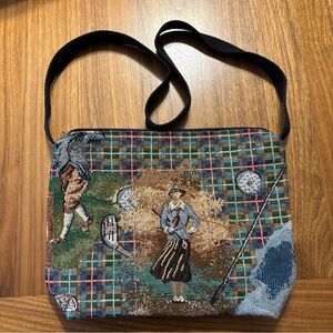 Vintage Golf tapestry 11”x8” Purse, Female Golfer, Blue,green, Red Plaid